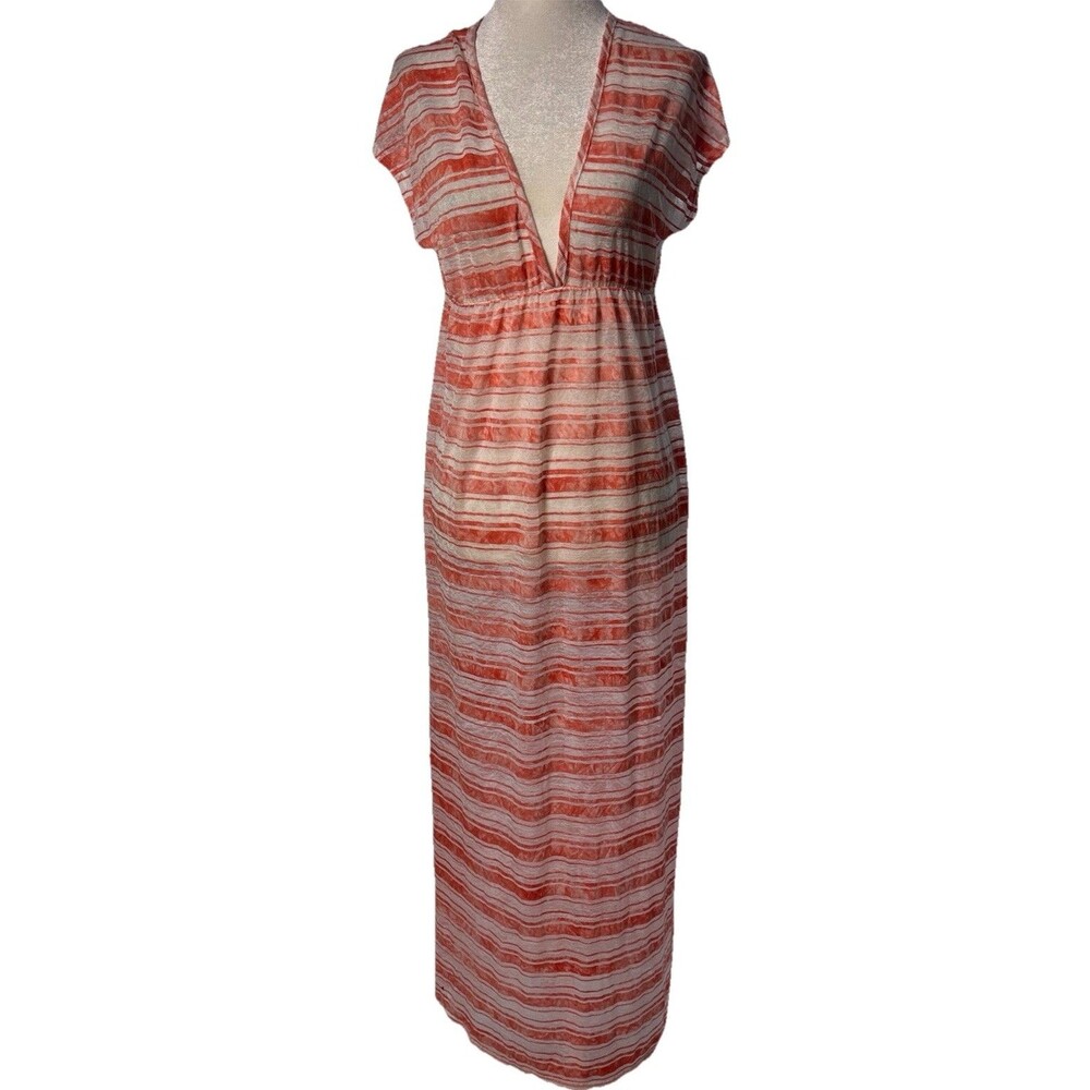 Women’s M Beach Cover-Up Maxi Dress Red Striped V-Neck Swim Resort